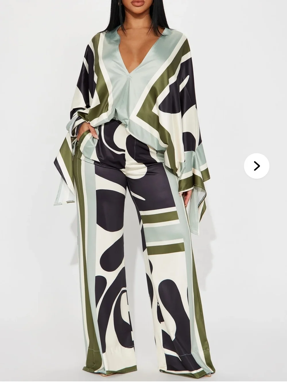 Fashion Nova Abstract-Print Wide Leg Pants in Olive, Black & Cream - Picture 1 of 7
